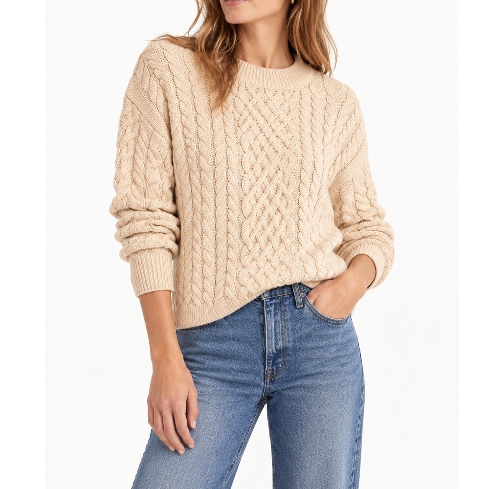 J.Crew Women's Beige Cotton Cashmere Cable Knit Crewneck Sweater- XS